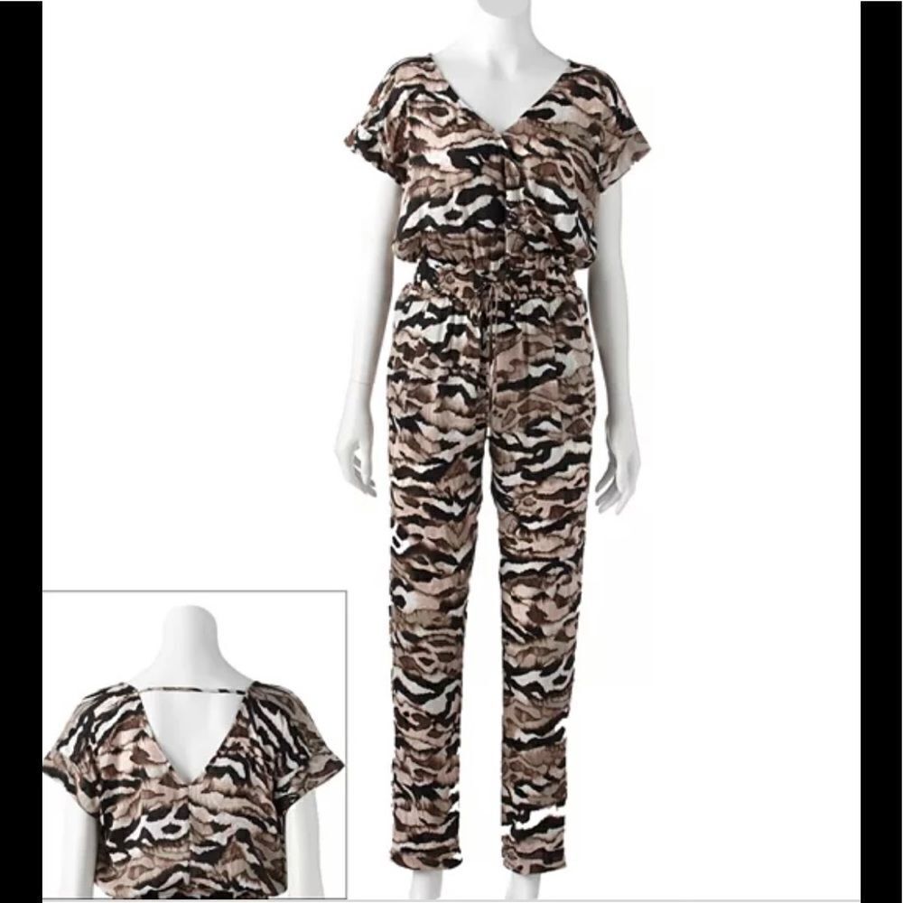 Jennifer Lopez Surplice Tapered Jumpsuit Camo Brown  Women’s Size XL Casual